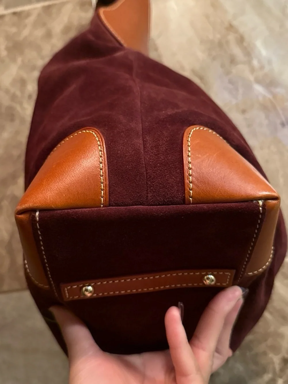 Dooney & Bourke Burgundy Suede Hobo with Tan Leather Trim